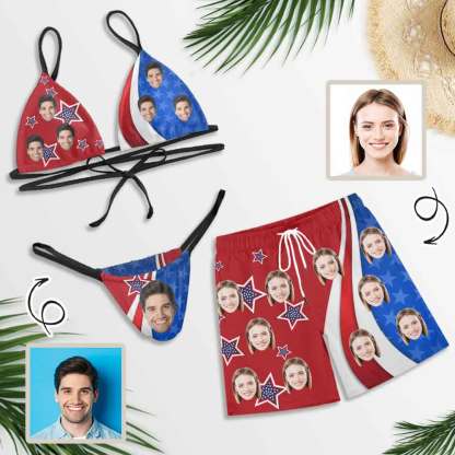 Custom Couple Matching American Swimwear Custom Face Women's Two-Pieces Triangle Bikini Set & Men's Swim Shorts - YesCustom