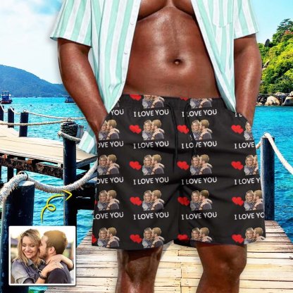 Custom Couple Matching Beach Shorts& Ruffle One Piece Swimsuit Custom Face Baby I Love You Personalized Photo Men's Quick-drying Beach Shorts - YesCustom