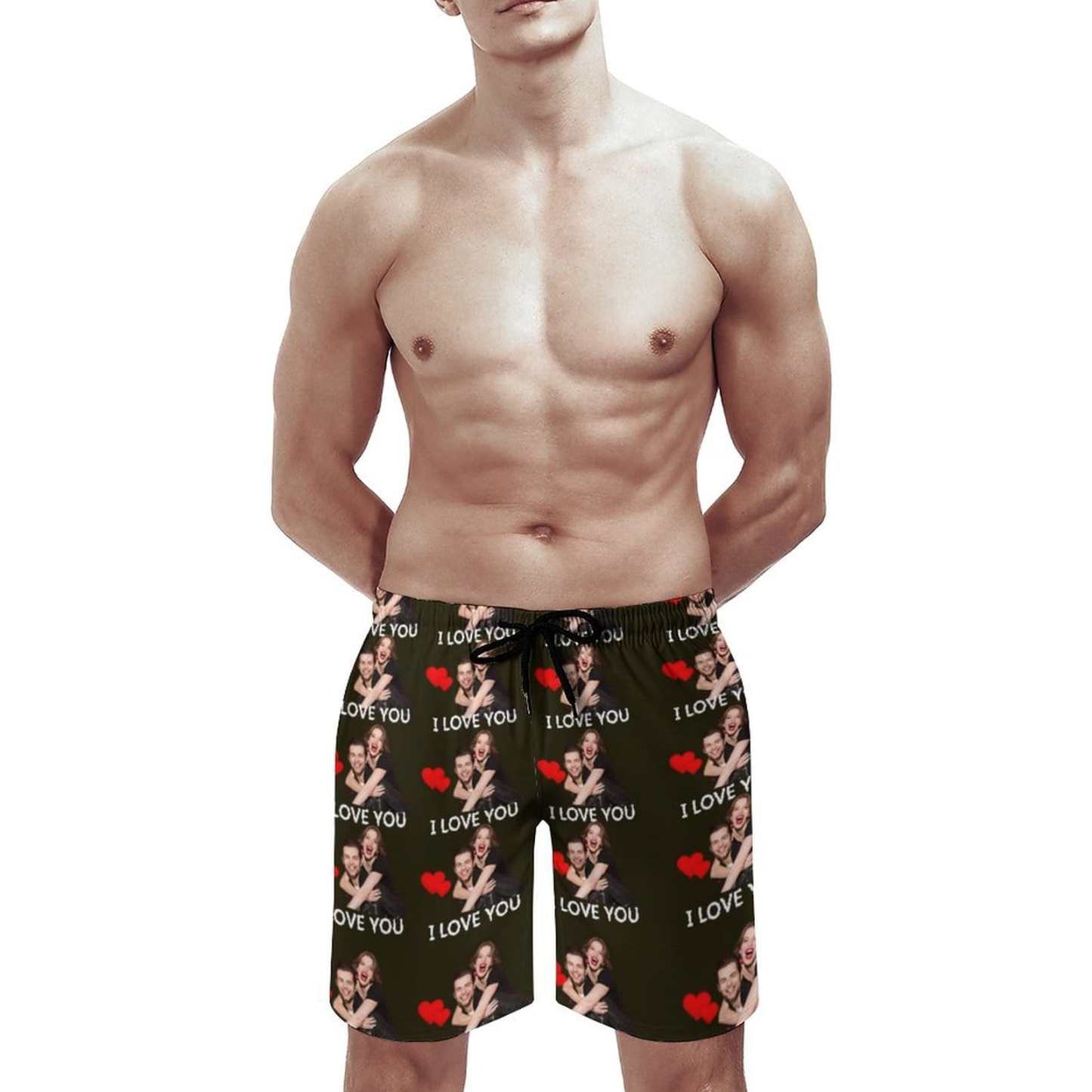 Custom Couple Matching Beach Shorts& Ruffle One Piece Swimsuit Custom Face Baby I Love You Personalized Photo Men's Quick-drying Beach Shorts - YesCustom