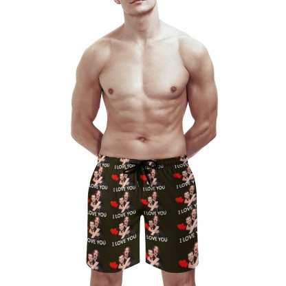 Custom Couple Matching Beach Shorts& Ruffle One Piece Swimsuit Custom Face Baby I Love You Personalized Photo Men's Quick-drying Beach Shorts - YesCustom