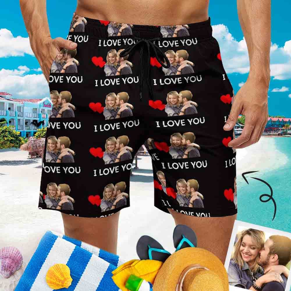 Custom Couple Matching Beach Shorts& Ruffle One Piece Swimsuit Custom Face Baby I Love You Personalized Photo Men's Quick-drying Beach Shorts - YesCustom