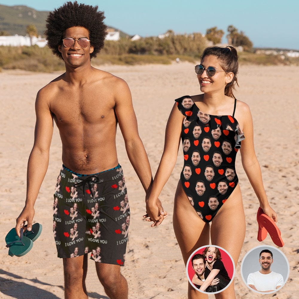 Custom Couple Matching Beach Shorts& Ruffle One Piece Swimsuit Custom Face Baby I Love You Personalized Photo Men's Quick-drying Beach Shorts - YesCustom
