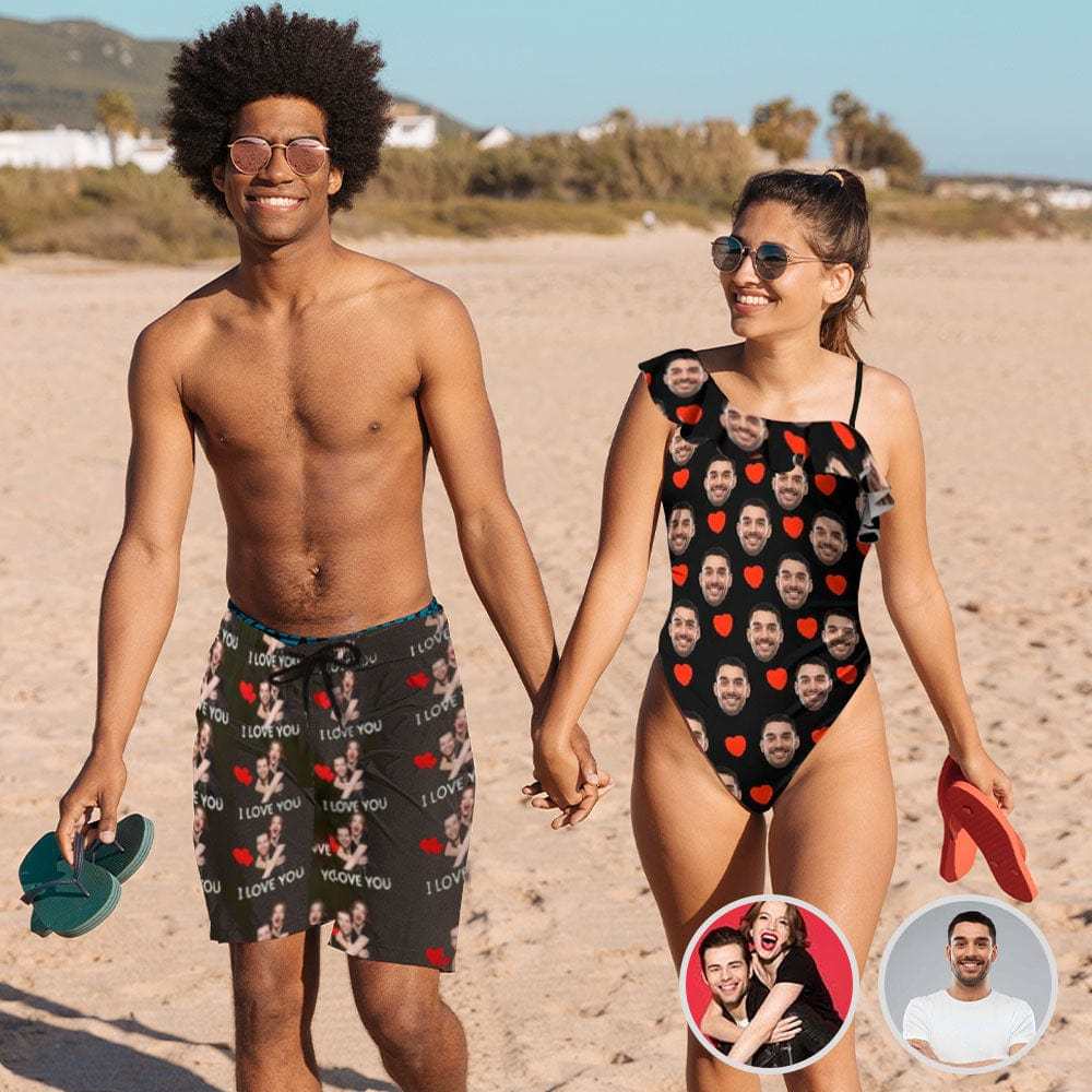 Custom Couple Matching Beach Shorts& Ruffle One Piece Swimsuit Custom Face Baby I Love You Personalized Photo Men's Quick-drying Beach Shorts - YesCustom