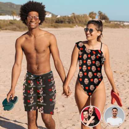 Custom Couple Matching Beach Shorts& Ruffle One Piece Swimsuit Custom Face Baby I Love You Personalized Photo Men's Quick-drying Beach Shorts - YesCustom