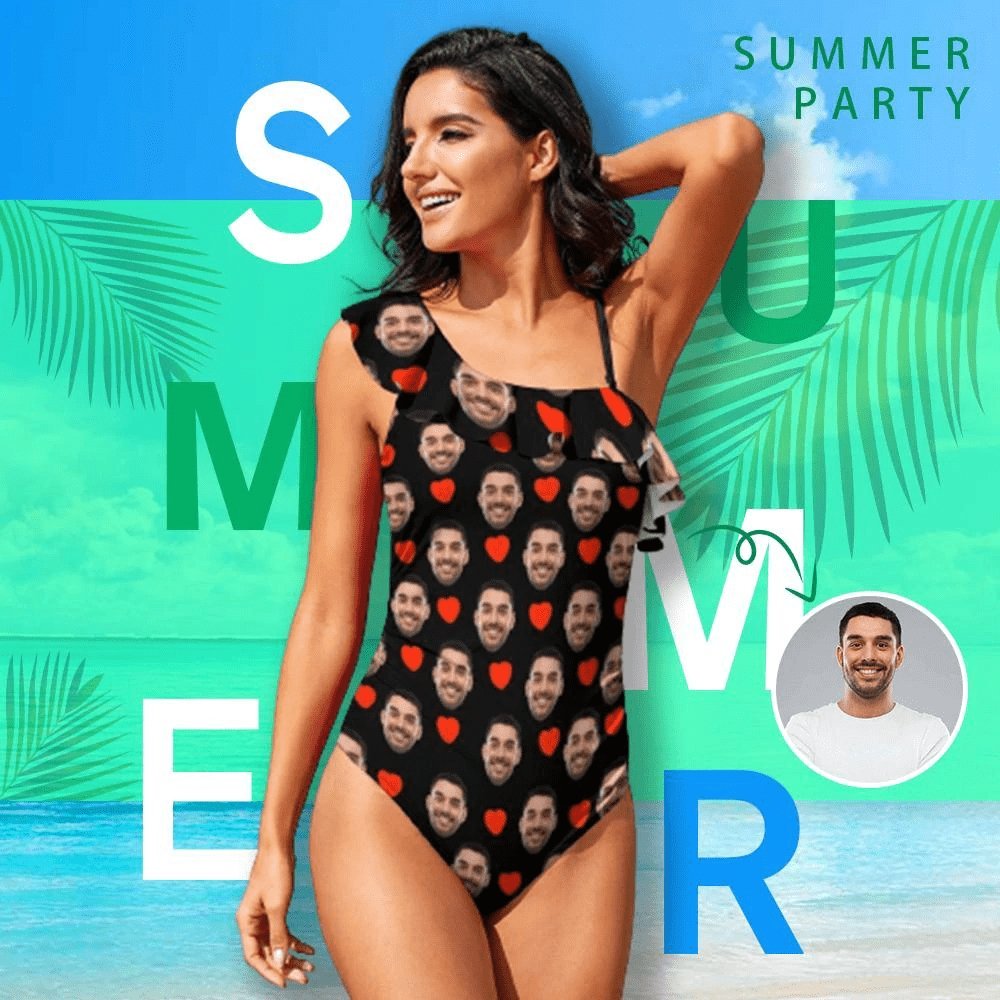 Custom Couple Matching Beach Shorts& Ruffle One Piece Swimsuit Custom Face Baby I Love You Personalized Photo Men's Quick-drying Beach Shorts - YesCustom
