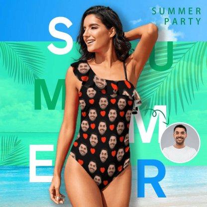 Custom Couple Matching Beach Shorts& Ruffle One Piece Swimsuit Custom Face Baby I Love You Personalized Photo Men's Quick-drying Beach Shorts - YesCustom