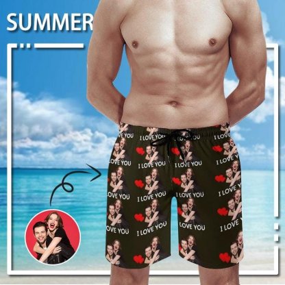 Custom Couple Matching Beach Shorts& Ruffle One Piece Swimsuit Custom Face Baby I Love You Personalized Photo Men's Quick-drying Beach Shorts - YesCustom