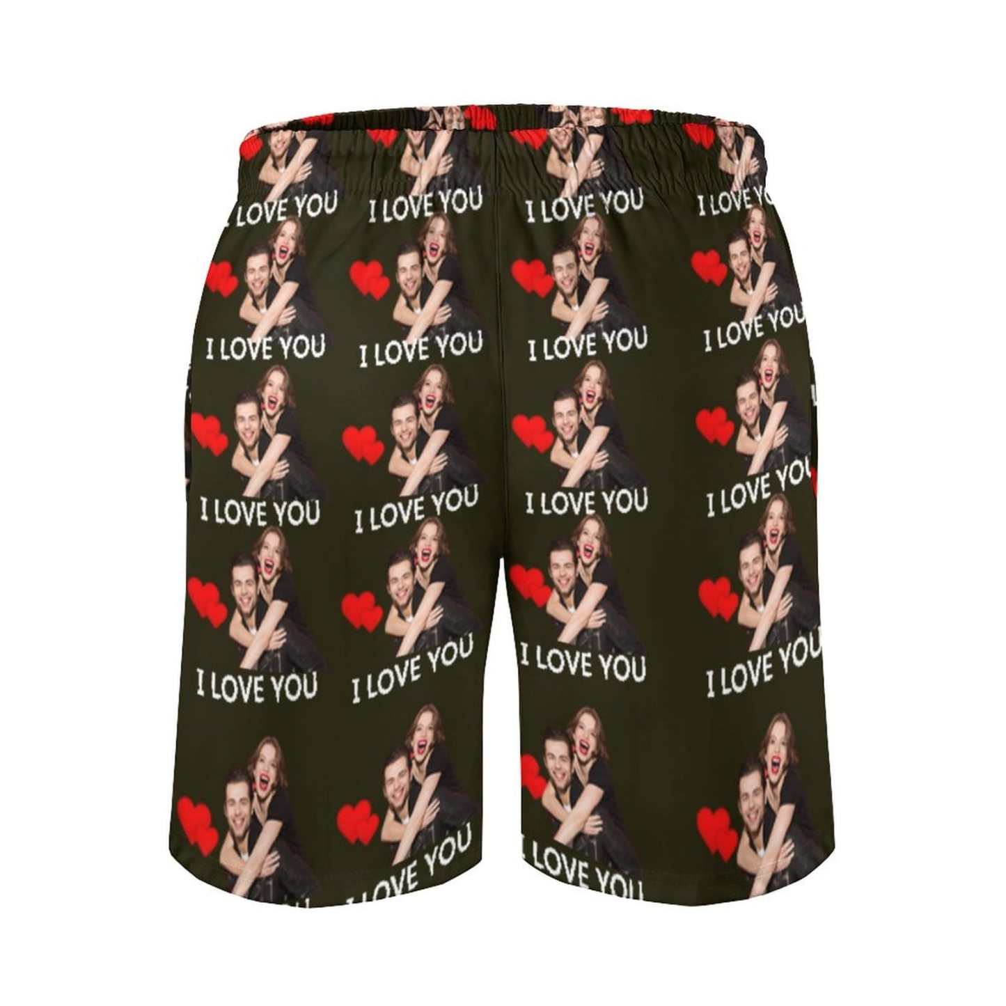 Custom Couple Matching Beach Shorts& Ruffle One Piece Swimsuit Custom Face Baby I Love You Personalized Photo Men's Quick-drying Beach Shorts - YesCustom