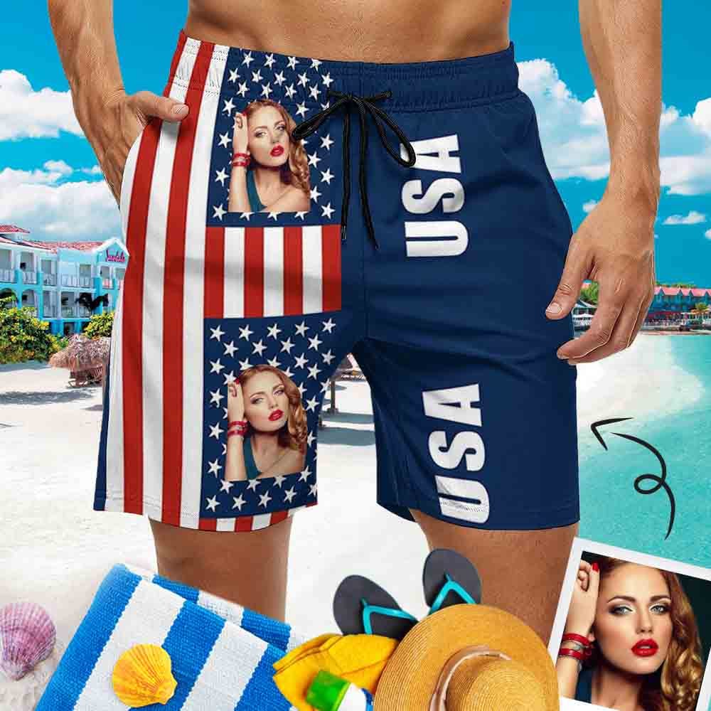 Custom Couple Matching Beach Shorts&One Piece Bathing Suit Custom Face You USA Flag Personalized Photo Men's Quick-drying Beach Shorts - YesCustom