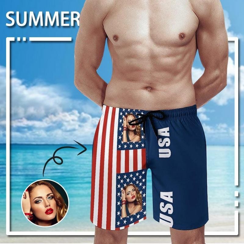 Custom Couple Matching Beach Shorts&One Piece Bathing Suit Custom Face You USA Flag Personalized Photo Men's Quick-drying Beach Shorts - YesCustom