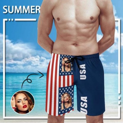 Custom Couple Matching Beach Shorts&One Piece Bathing Suit Custom Face You USA Flag Personalized Photo Men's Quick-drying Beach Shorts - YesCustom