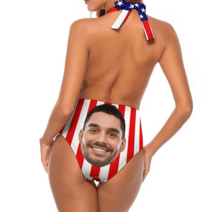 Custom Couple Matching Beach Shorts&One Piece Bathing Suit Custom Face You USA Flag Personalized Photo Men's Quick-drying Beach Shorts - YesCustom