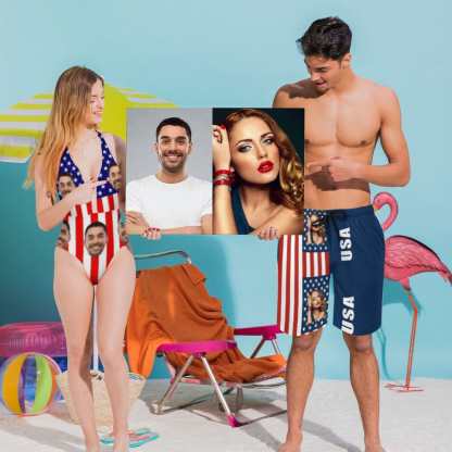Custom Couple Matching Beach Shorts&One Piece Bathing Suit Custom Face You USA Flag Personalized Photo Men's Quick-drying Beach Shorts - YesCustom