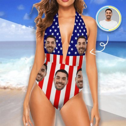 Custom Couple Matching Beach Shorts&One Piece Bathing Suit Custom Face You USA Flag Personalized Photo Men's Quick-drying Beach Shorts - YesCustom