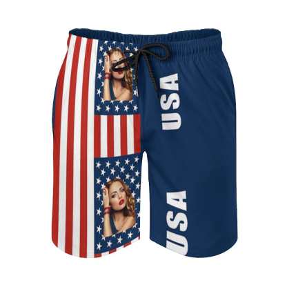 Custom Couple Matching Beach Shorts&One Piece Bathing Suit Custom Face You USA Flag Personalized Photo Men's Quick-drying Beach Shorts - YesCustom