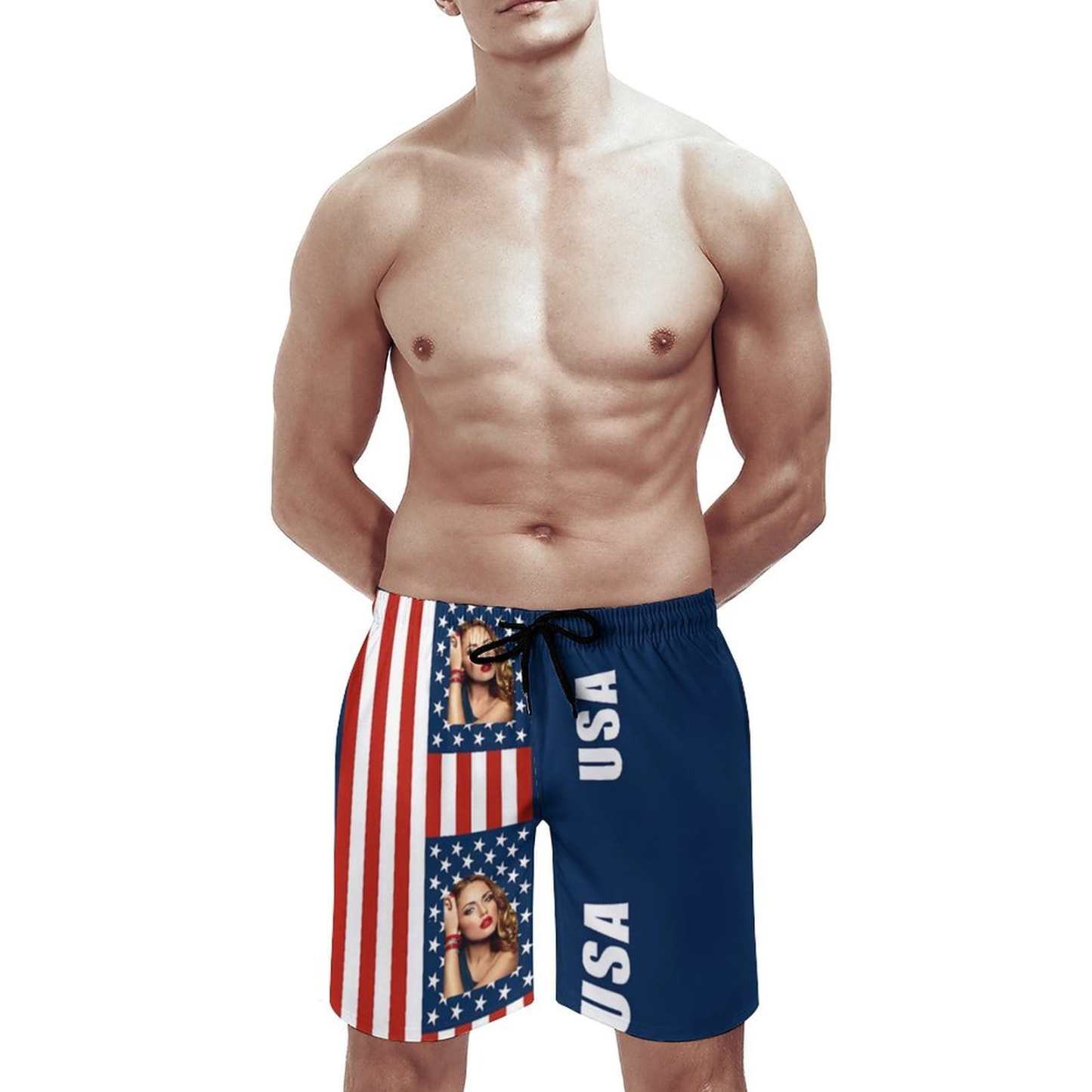 Custom Couple Matching Beach Shorts&One Piece Bathing Suit Custom Face You USA Flag Personalized Photo Men's Quick-drying Beach Shorts - YesCustom