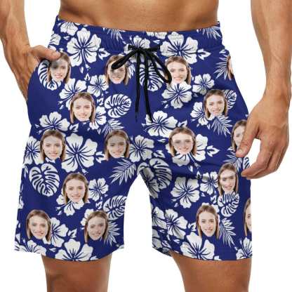 Custom Couple Matching Beach Shorts&One Piece Swimsuit Custom Face Flowers Personalized Photo Men's Quick-drying Beach Shorts - YesCustom