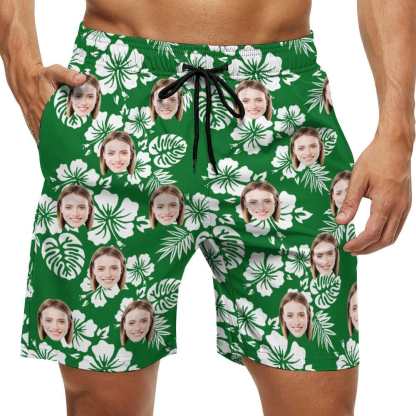 Custom Couple Matching Beach Shorts&One Piece Swimsuit Custom Face Flowers Personalized Photo Men's Quick-drying Beach Shorts - YesCustom