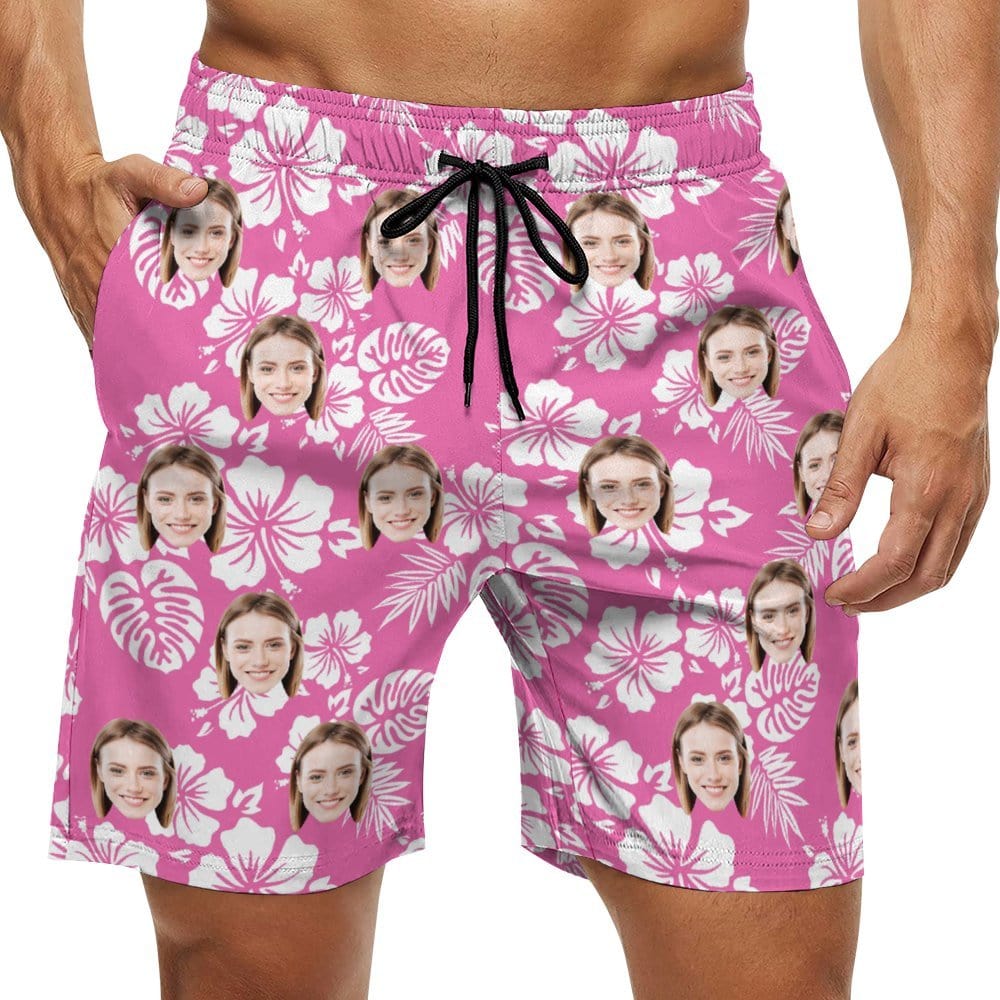 Custom Couple Matching Beach Shorts&One Piece Swimsuit Custom Face Flowers Personalized Photo Men's Quick-drying Beach Shorts - YesCustom