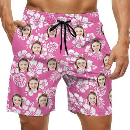 Custom Couple Matching Beach Shorts&One Piece Swimsuit Custom Face Flowers Personalized Photo Men's Quick-drying Beach Shorts - YesCustom