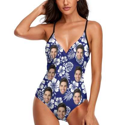 Custom Couple Matching Beach Shorts&One Piece Swimsuit Custom Face Flowers Personalized Photo Men's Quick-drying Beach Shorts - YesCustom