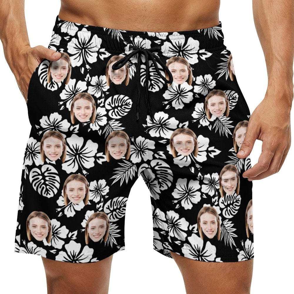 Custom Couple Matching Beach Shorts&One Piece Swimsuit Custom Face Flowers Personalized Photo Men's Quick-drying Beach Shorts - YesCustom