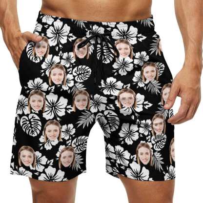 Custom Couple Matching Beach Shorts&One Piece Swimsuit Custom Face Flowers Personalized Photo Men's Quick-drying Beach Shorts - YesCustom