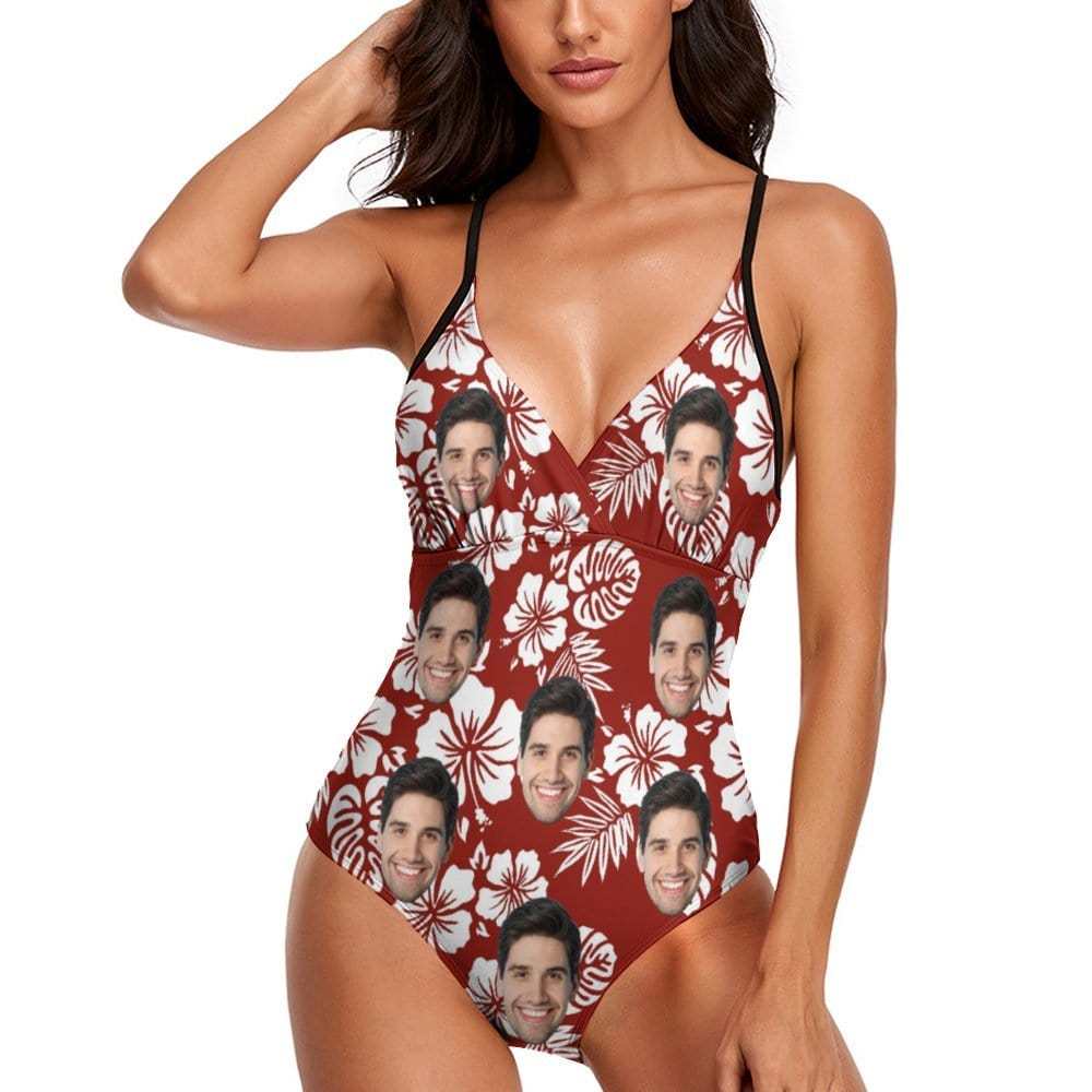 Custom Couple Matching Beach Shorts&One Piece Swimsuit Custom Face Flowers Personalized Photo Men's Quick-drying Beach Shorts - YesCustom