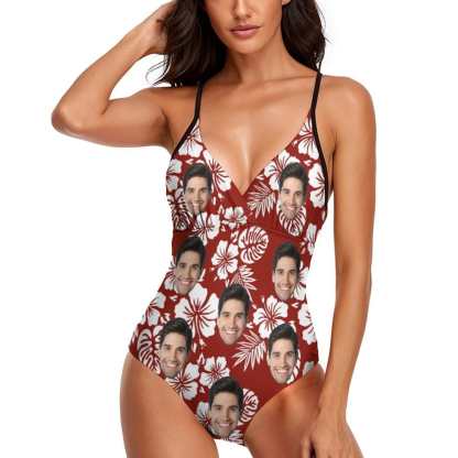 Custom Couple Matching Beach Shorts&One Piece Swimsuit Custom Face Flowers Personalized Photo Men's Quick-drying Beach Shorts - YesCustom