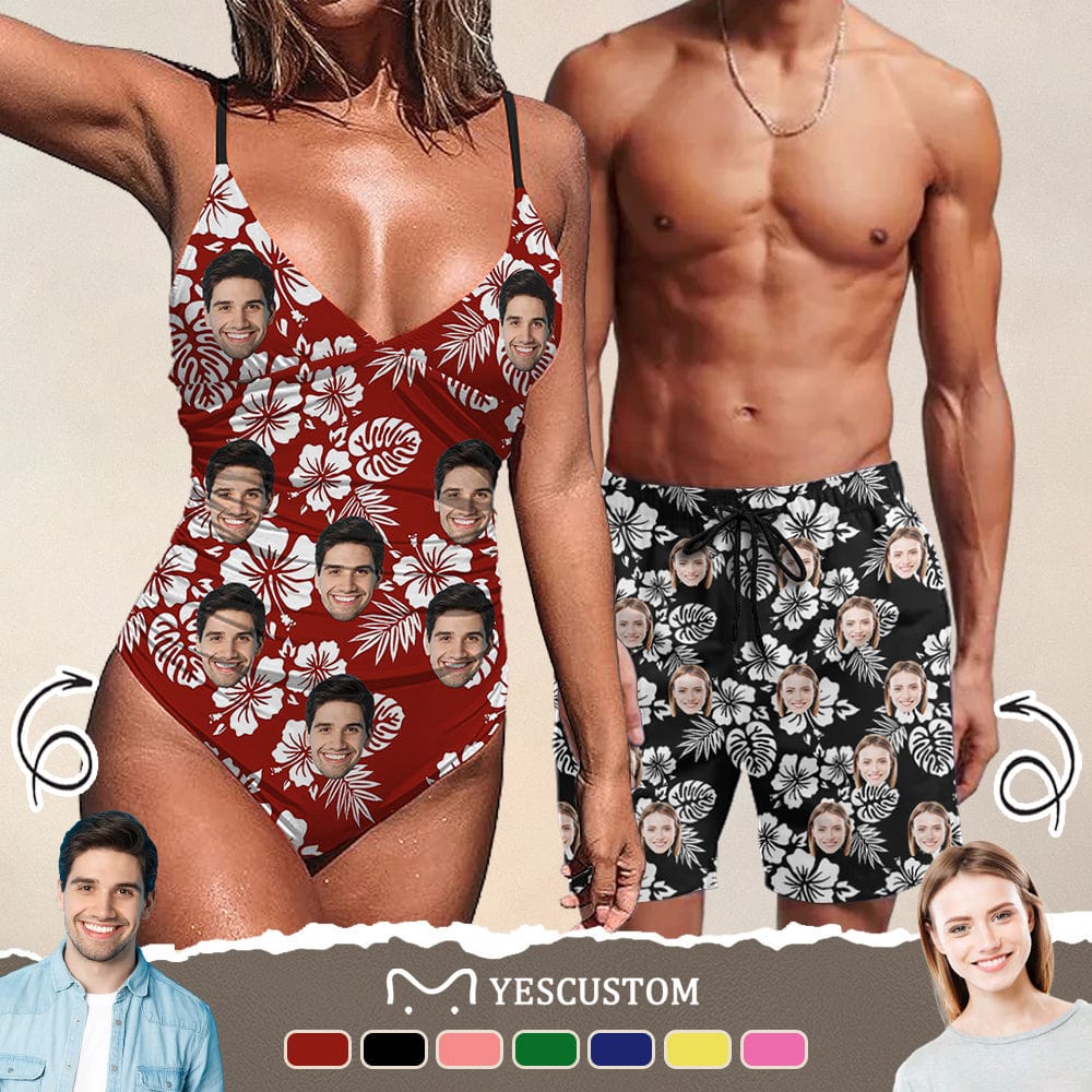 Custom Couple Matching Beach Shorts&One Piece Swimsuit Custom Face Flowers Personalized Photo Men's Quick-drying Beach Shorts - YesCustom