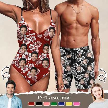 Custom Couple Matching Beach Shorts&One Piece Swimsuit Custom Face Flowers Personalized Photo Men's Quick-drying Beach Shorts - YesCustom