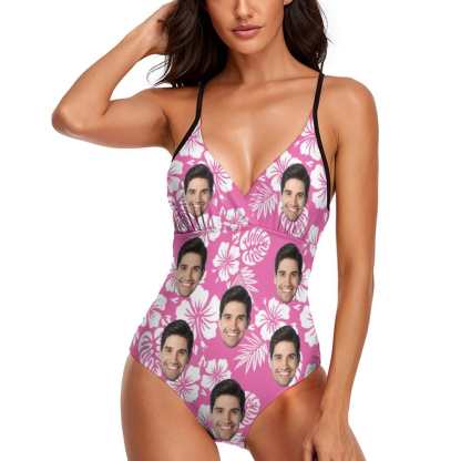 Custom Couple Matching Beach Shorts&One Piece Swimsuit Custom Face Flowers Personalized Photo Men's Quick-drying Beach Shorts - YesCustom