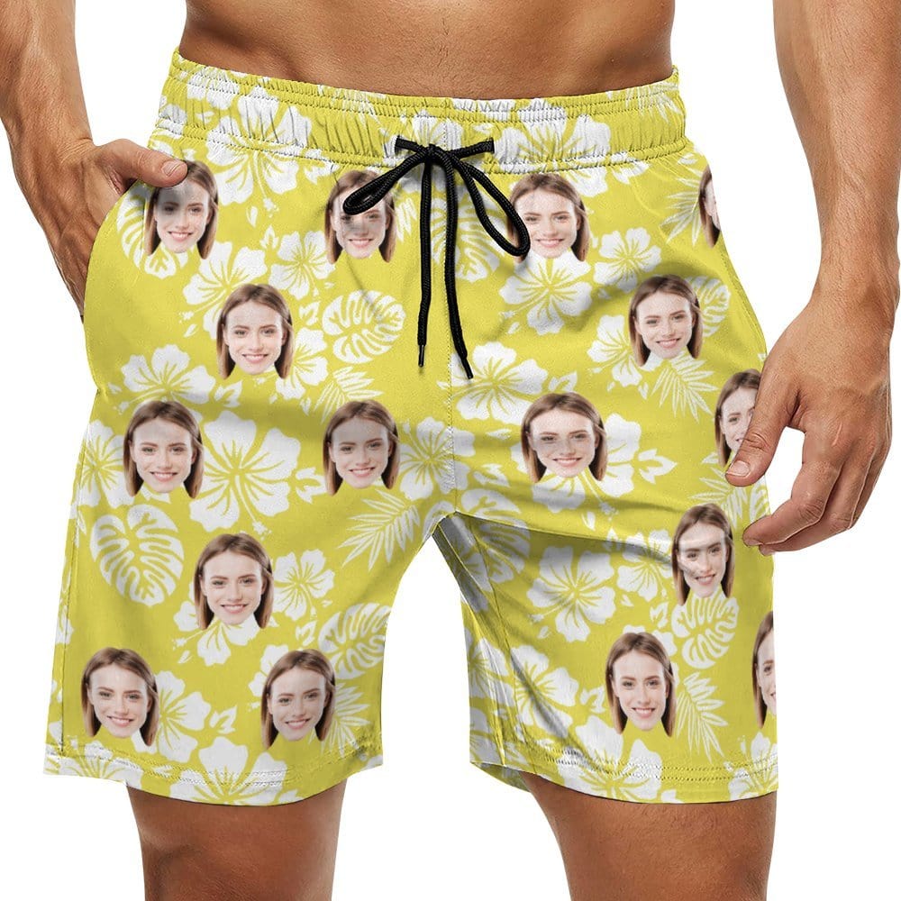 Custom Couple Matching Beach Shorts&One Piece Swimsuit Custom Face Flowers Personalized Photo Men's Quick-drying Beach Shorts - YesCustom