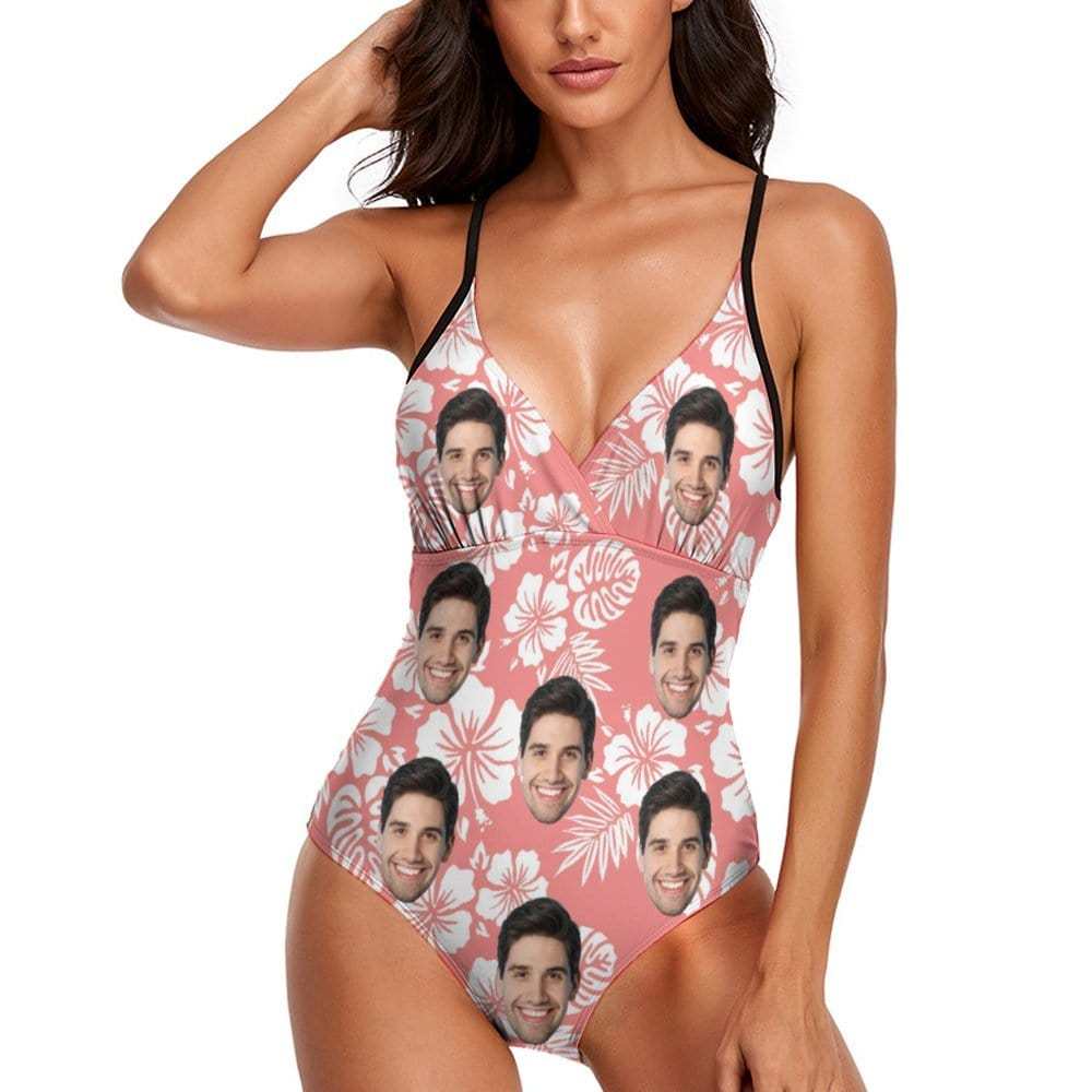 Custom Couple Matching Beach Shorts&One Piece Swimsuit Custom Face Flowers Personalized Photo Men's Quick-drying Beach Shorts - YesCustom