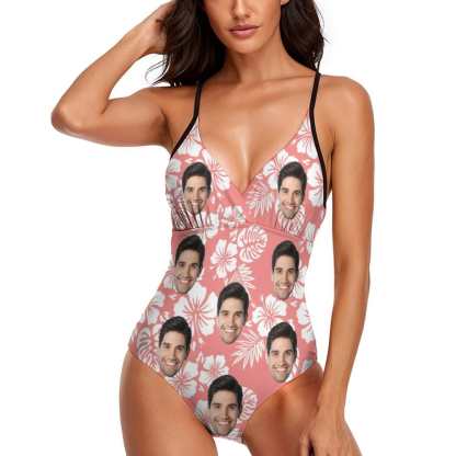 Custom Couple Matching Beach Shorts&One Piece Swimsuit Custom Face Flowers Personalized Photo Men's Quick-drying Beach Shorts - YesCustom