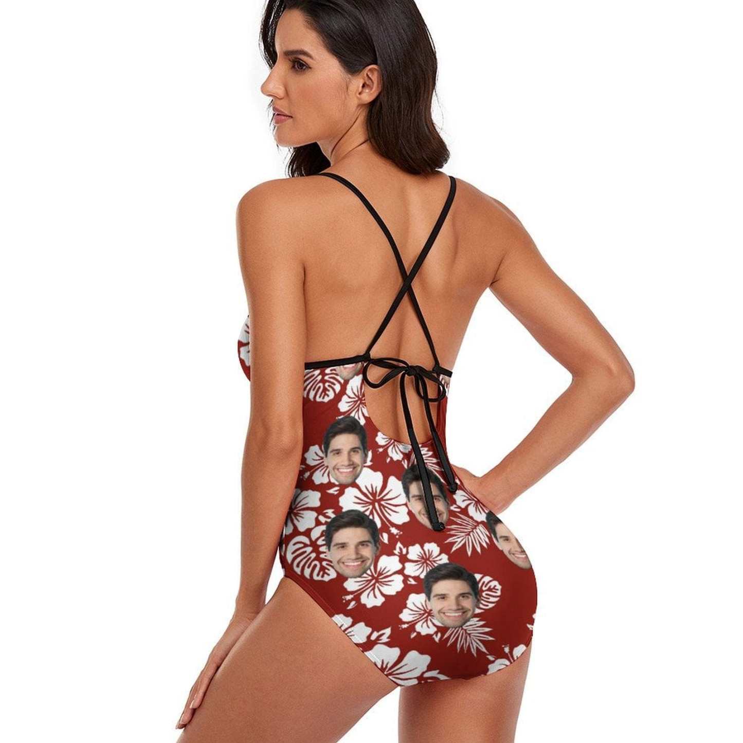 Custom Couple Matching Beach Shorts&One Piece Swimsuit Custom Face Flowers Personalized Photo Men's Quick-drying Beach Shorts - YesCustom