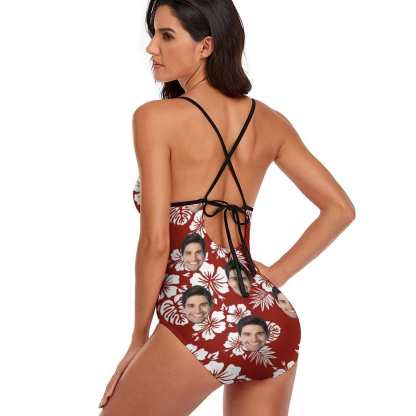 Custom Couple Matching Beach Shorts&One Piece Swimsuit Custom Face Flowers Personalized Photo Men's Quick-drying Beach Shorts - YesCustom