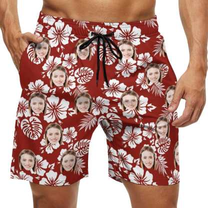 Custom Couple Matching Beach Shorts&One Piece Swimsuit Custom Face Flowers Personalized Photo Men's Quick-drying Beach Shorts - YesCustom