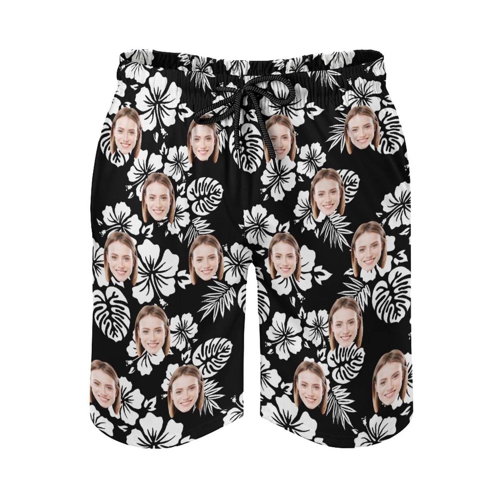 Custom Couple Matching Beach Shorts&One Piece Swimsuit Custom Face Flowers Personalized Photo Men's Quick-drying Beach Shorts - YesCustom