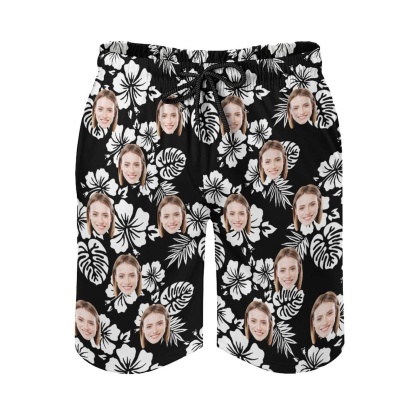 Custom Couple Matching Beach Shorts&One Piece Swimsuit Custom Face Flowers Personalized Photo Men's Quick-drying Beach Shorts - YesCustom