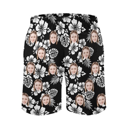 Custom Couple Matching Beach Shorts&One Piece Swimsuit Custom Face Flowers Personalized Photo Men's Quick-drying Beach Shorts - YesCustom