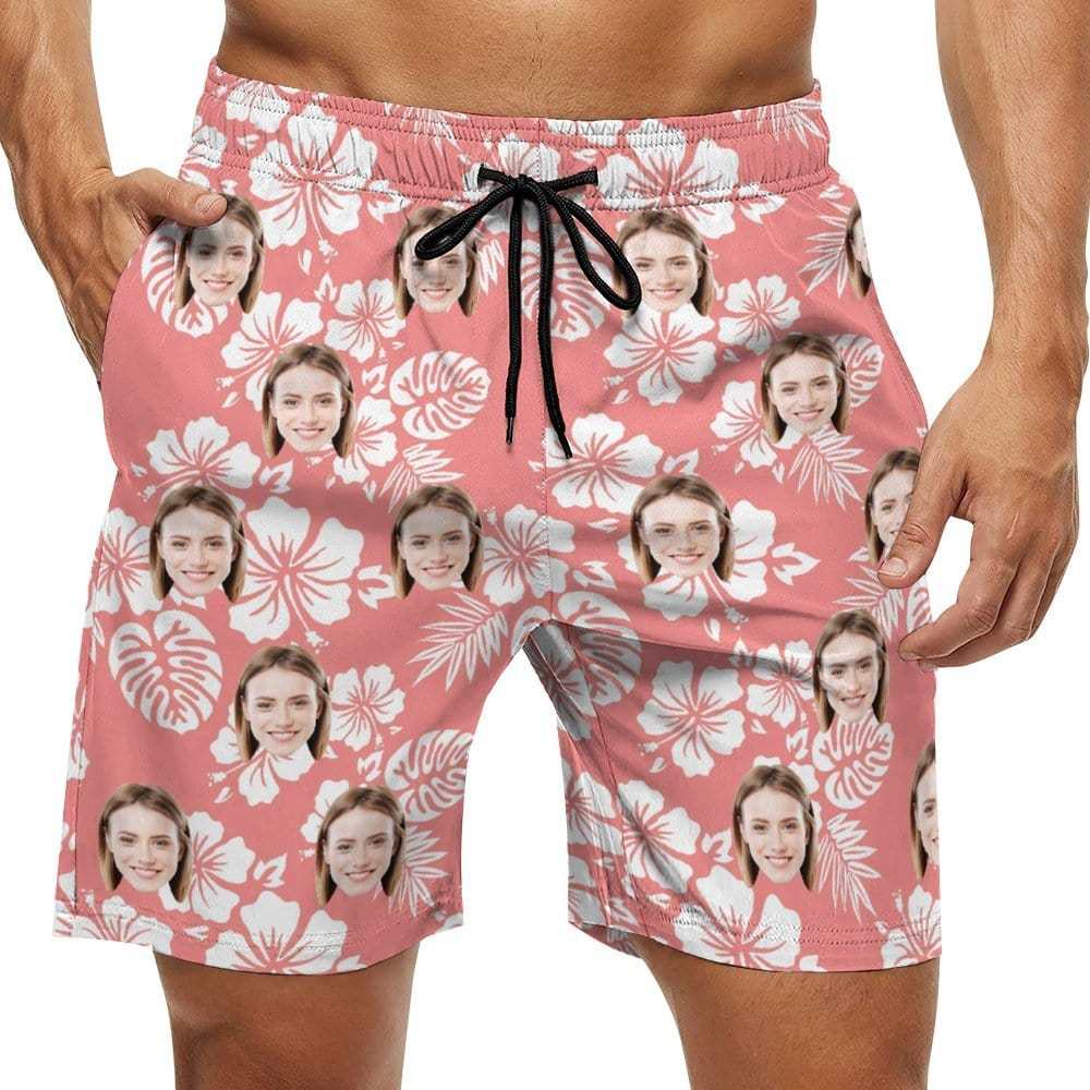 Custom Couple Matching Beach Shorts&One Piece Swimsuit Custom Face Flowers Personalized Photo Men's Quick-drying Beach Shorts - YesCustom