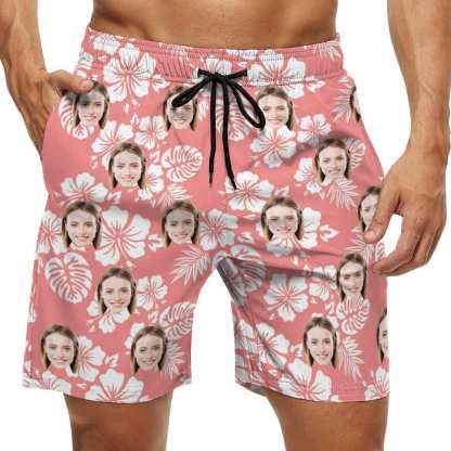 Custom Couple Matching Beach Shorts&One Piece Swimsuit Custom Face Flowers Personalized Photo Men's Quick-drying Beach Shorts - YesCustom