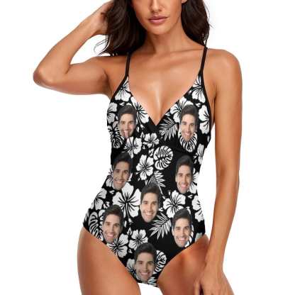 Custom Couple Matching Beach Shorts&One Piece Swimsuit Custom Face Flowers Personalized Photo Men's Quick-drying Beach Shorts - YesCustom
