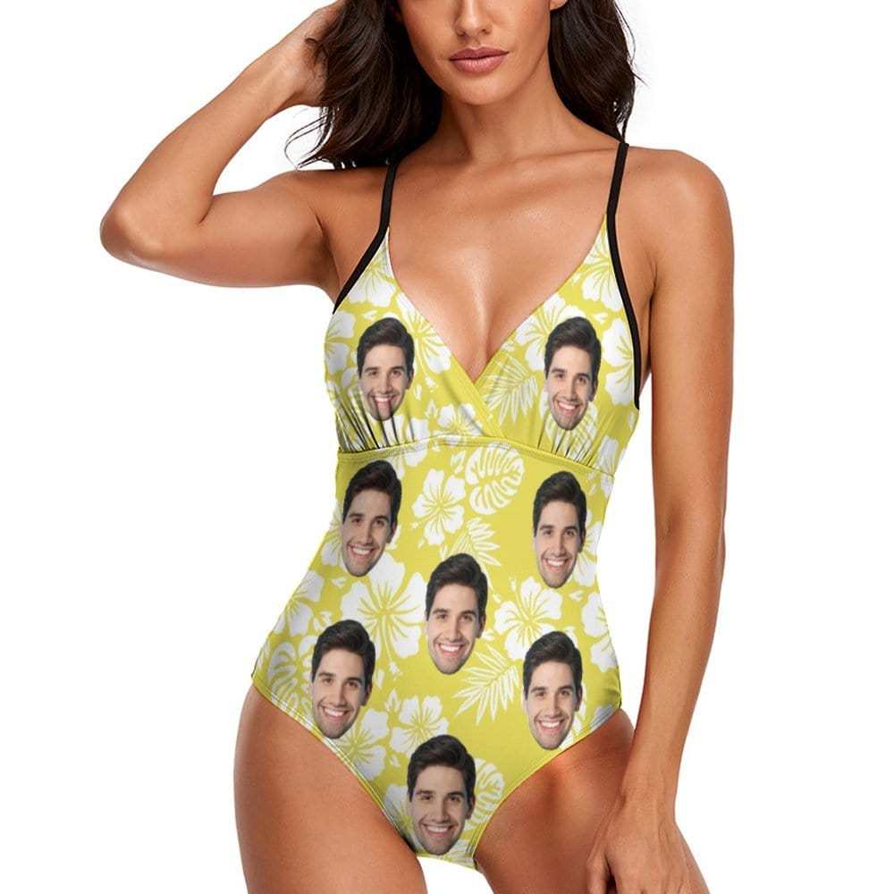 Custom Couple Matching Beach Shorts&One Piece Swimsuit Custom Face Flowers Personalized Photo Men's Quick-drying Beach Shorts - YesCustom