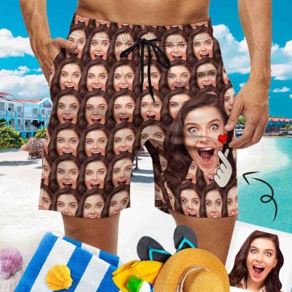 Custom Couple Matching Beach Shorts&One Piece Swimsuit Custom Face Show My Love Personalized Photo Men's Quick-drying Beach Shorts - YesCustom