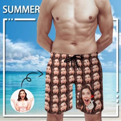 Custom Couple Matching Beach Shorts&One Piece Swimsuit Custom Face Show My Love Personalized Photo Men's Quick-drying Beach Shorts - YesCustom