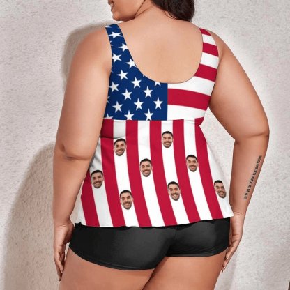 Custom Couple Matching Beach Shorts&Plus Size Swimsuit Custom Face US Flag Personalized Photo Men's Quick-drying Beach Shorts - YesCustom