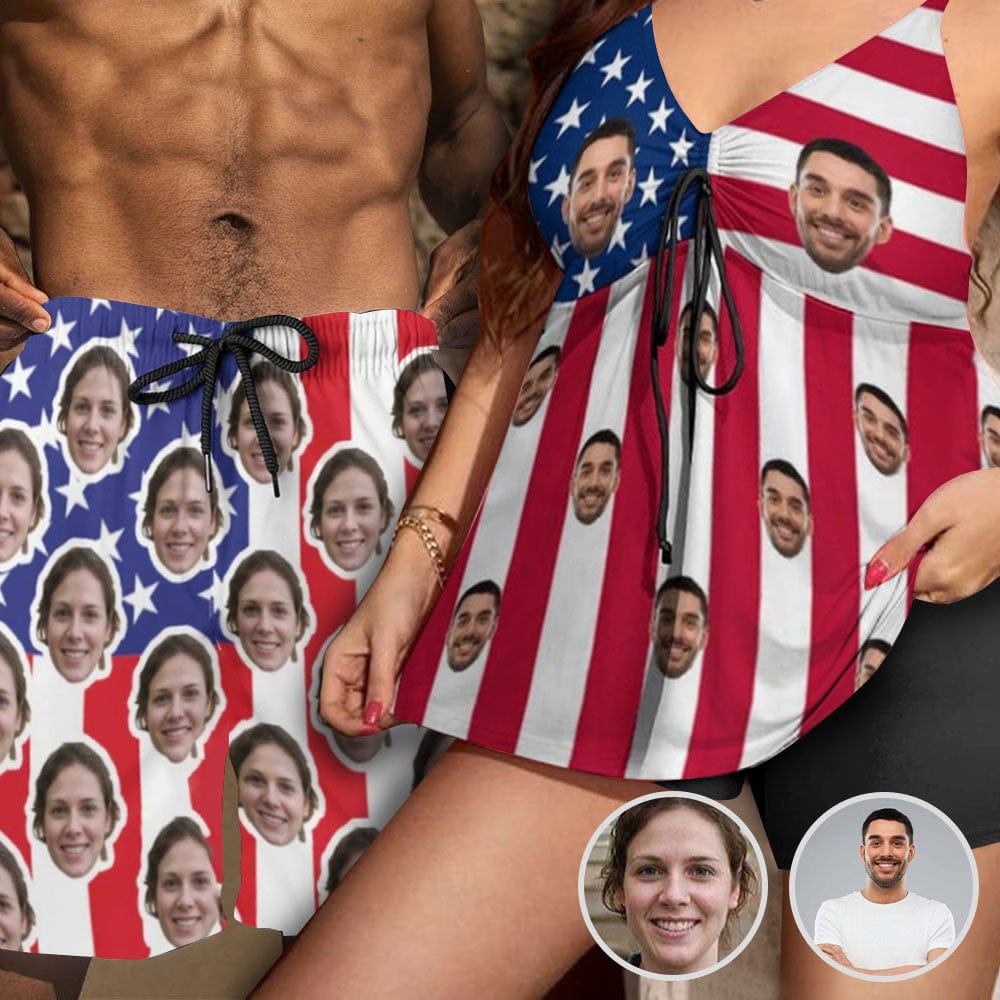 Custom Couple Matching Beach Shorts&Plus Size Swimsuit Custom Face US Flag Personalized Photo Men's Quick-drying Beach Shorts - YesCustom