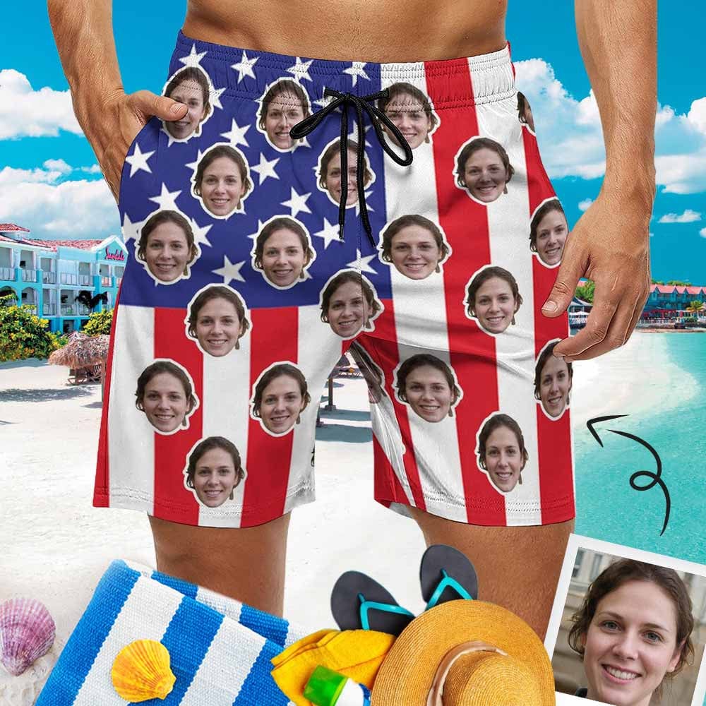 Custom Couple Matching Beach Shorts&Plus Size Swimsuit Custom Face US Flag Personalized Photo Men's Quick-drying Beach Shorts - YesCustom